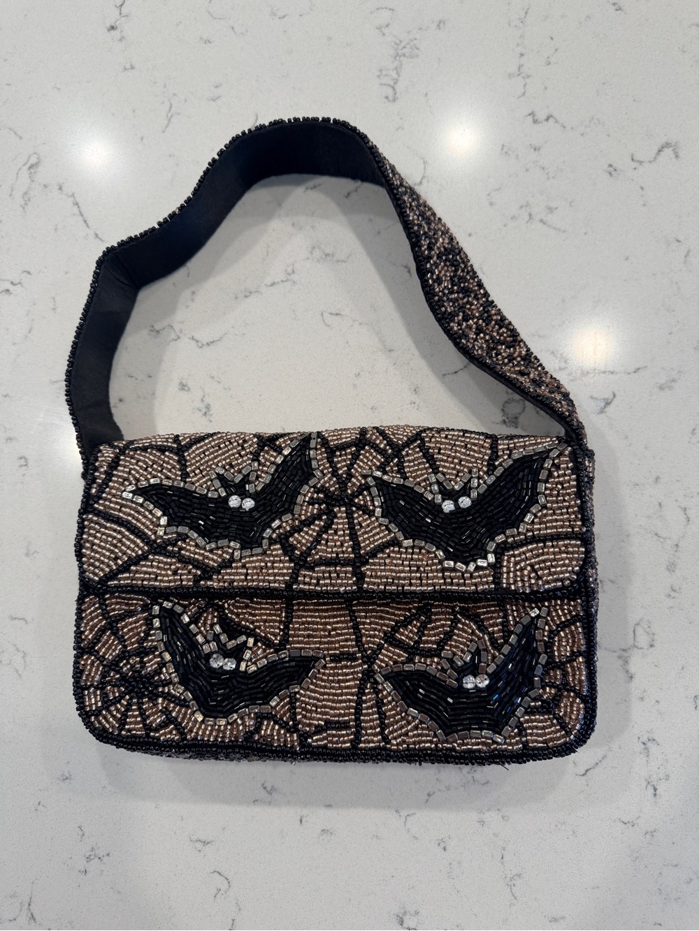 RARE Viral Beaded Bat Motif Shoulder Bag in Beige and Black